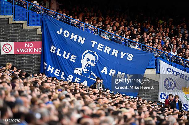 John Terry's Blue Army flag is pictured during the Barclays Premier League match between Chelsea and Queens Park Rangers at Stamford Bridge on...