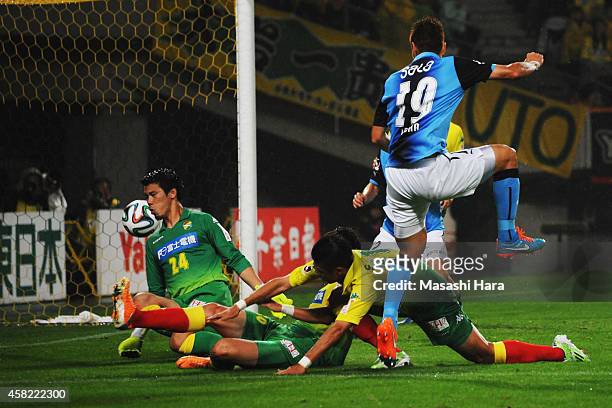 Masahiko Inoha of Jubilo Iwata scores the first goal during the J.League second division match between JEF United Chiba and Jubilo Iwata at Fukuda...
