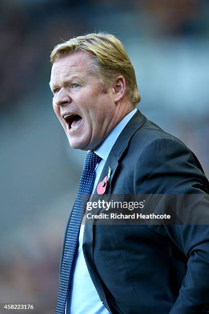 Southampton manager Ronald Koeman gives instructions during the Barclays Premier League match between Hull City and Southampton at the KC Stadium on...