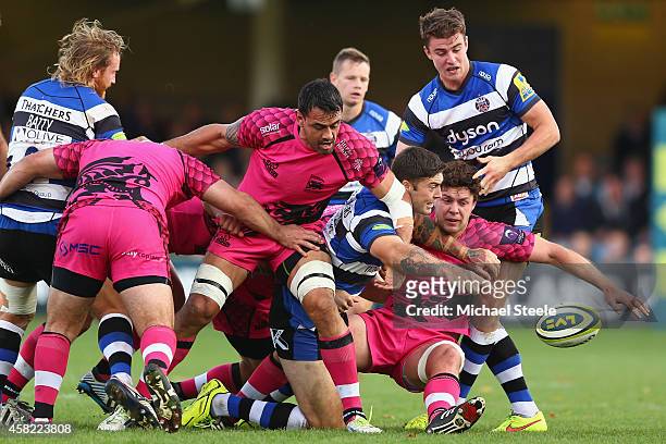Matt Banahan of Bath vies for possession with Nic Reynolds of London Welsh during the LV=Cup match between Bath Rugby and London Welsh at the...