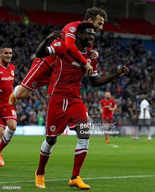 Bruno Ecuele Manga of Cardiff celebrates scoring his team's first goal of the game during the Sky Bet Championship match between Cardiff City and...