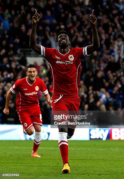 Bruno Ecuele Manga of Cardiff celebrates scoring his team's first goal of the game during the Sky Bet Championship match between Cardiff City and...