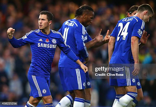 Eden Hazard of Chelsea celebrates his goal during the Barclays Premier League match between Chelsea and Queens Park Rangers at Stamford Bridge on...