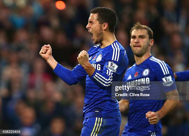 Eden Hazard of Chelsea celebrates his goal during the Barclays Premier League match between Chelsea and Queens Park Rangers at Stamford Bridge on...
