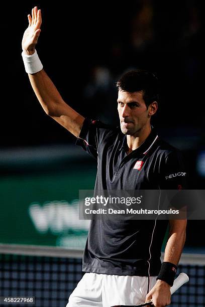 Novak Djokovic of Serbia celebrates victory against Kei Nishikori of Japan after their semi final match during day 6 of the BNP Paribas Masters held...