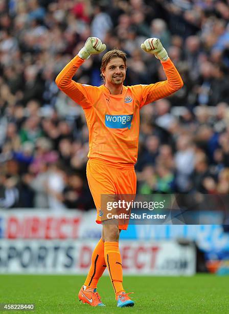 Newcastle United goalkeeper Tim Krul celebrates during the Barclays Premier League match between Newcastle United and Liverpool at St James' Park on...