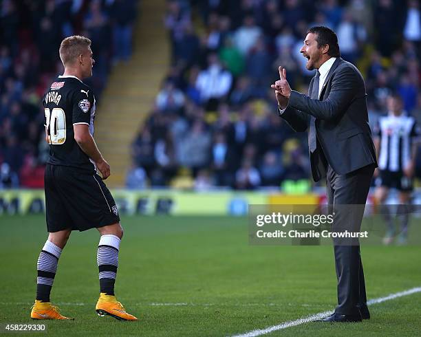 Watford manager Slavisa Jokanovic gives out orders to goal scorer Matej Vydra during the Sky Bet Championship match between Watford and Millwall at...