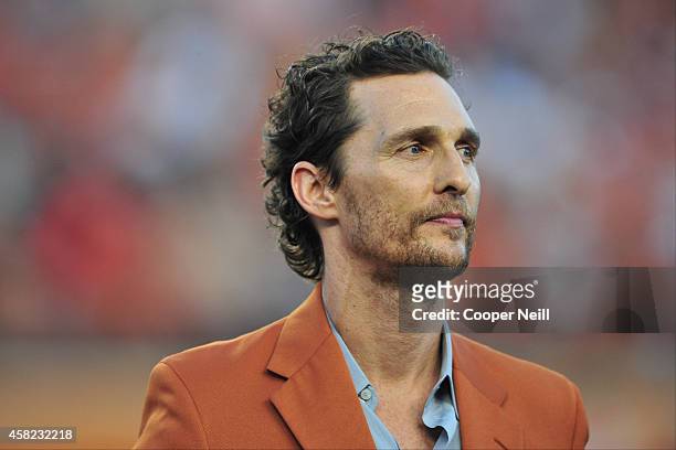 Matthew McConaughey looks on before kickoff between the Texas Longhorns and Iowa State Cyclones on October 18, 2014 at Darrell K Royal-Texas Memorial...