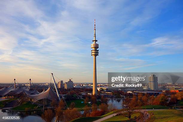 wonderful olympic stadium in munich at dusk - bmw münchen stock pictures, royalty-free photos & images