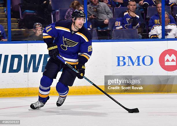 Patrik Berglund of the St. Louis Blues skates against the Vancouver Canucks on October 23, 2014 at Scottrade Center in St. Louis, Missouri.