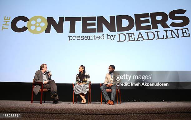 Moderator Pete Hammond, director Ava DuVernay and actor David Oyelowo speak onstage during Deadline's The Contenders at DGA Theater on November 1,...