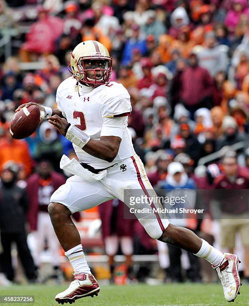 Quarterback Tyler Murphy of the Boston College Eagles looks to pass in the second half against the Virginia Tech Hokies at Lane Stadium on November...
