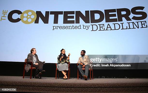 Moderator Pete Hammond, director Ava DuVernay and actor David Oyelowo speak onstage during Deadline's The Contenders at DGA Theater on November 1,...