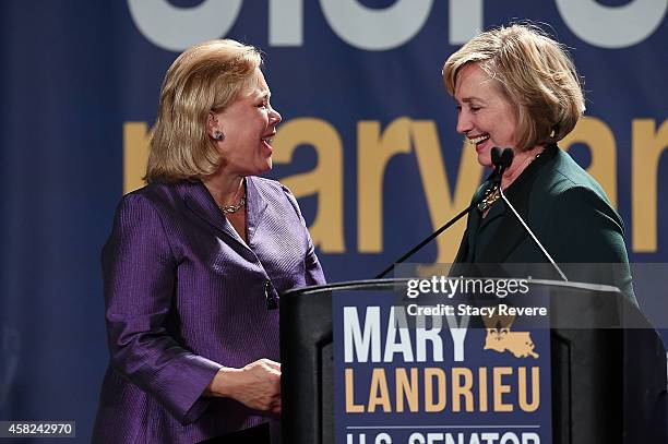 Sen. Mary Landrieu embraces former Secretary of State Hillary Clinton following the "Women with Mary Geaux Vote" event at the Sugar Mill on November...