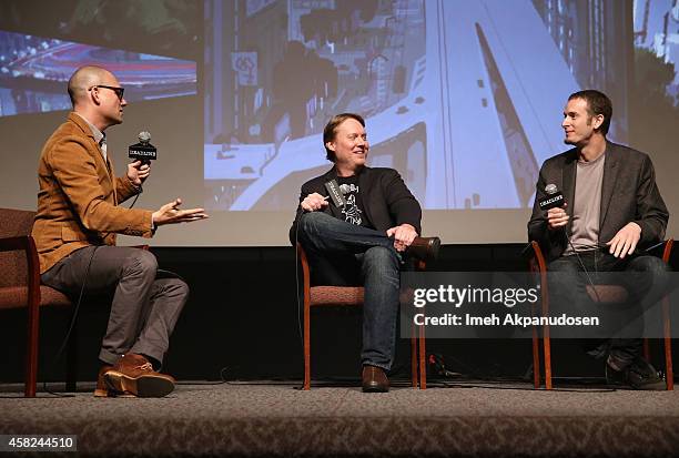 Moderator Dominic Patten and directors Don Hall and Chris Williams speak onstage during Deadline's The Contenders at DGA Theater on November 1, 2014...