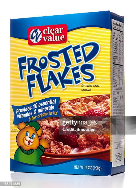clear value frosted flakes cereal box - frosted flakes stock pictures, royalty-free photos & images