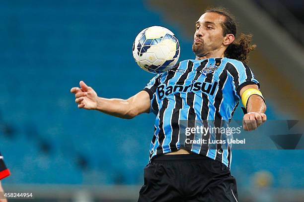 Hernan Barcos of Gremio during the match Gremio v Vitoria as part of Brasileirao Series A 2014, at Arena do Gremio on November 01, 2014 in Porto...