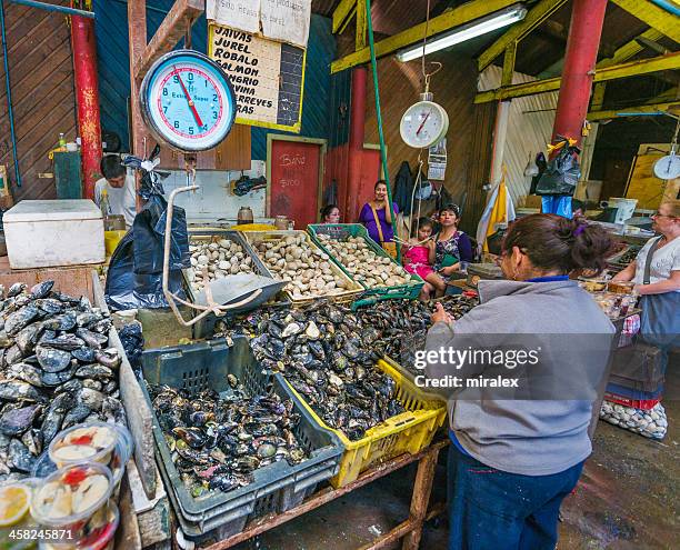 produce market in castro on chiloé island, chile - mussel stock pictures, royalty-free photos & images