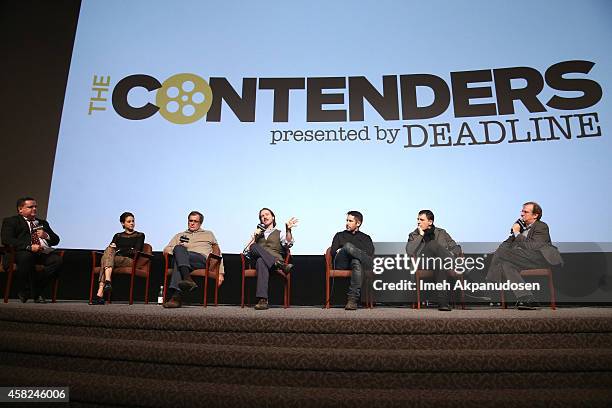 Moderator Mike Fleming, actress Shailene Woodley, producer Peter Chernin, director Matt Reeves, composers Trent Reznor and Atticus Ross and moderator...