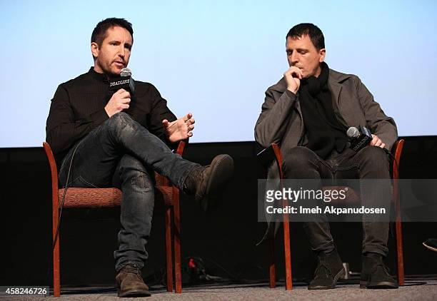 Composers Trent Reznor and Atticus Ross speak onstage during Deadline's The Contenders at DGA Theater on November 1, 2014 in Los Angeles, California.