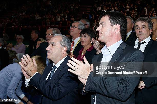 President of French Tennis federation Jean Gachassin and French Prime Minister Manuel Valls attend the half final of the BNP Paribas Tennis Masters -...