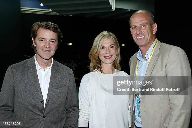 Politician Francois Baroin, Actress Michelle Laroque and Director of the tournament Guy Forget attend the half final of the BNP Paribas Tennis...