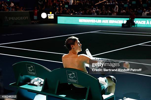 Tennis Player Thomas Berdych during the half final of the BNP Paribas Tennis Masters - day six at Palais Omnisports de Bercy on November 1, 2014 in...