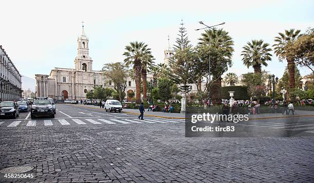 arequipa cathedral in the town square plaza de armas - plaza de armas stock pictures, royalty-free photos & images