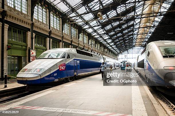 high speed tgv trains parked at gare de lyon station - tgv stockfoto's en -beelden