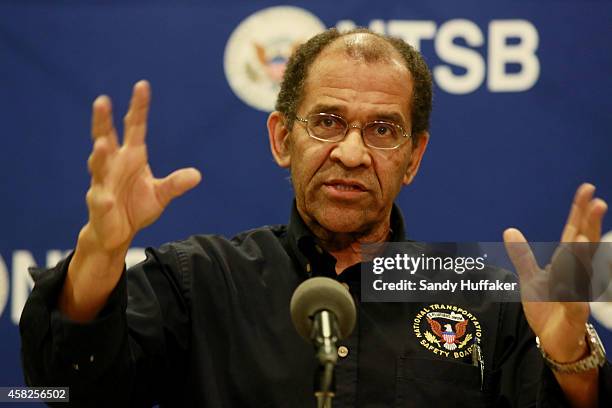 Christopher A Hart, Acting Chairman of the NTSBspeaks to the media during a press conference at the Mojave Air and Space Port regarding the crash of...