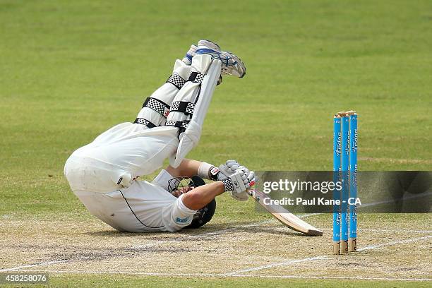 Ed Cowan of Tasmania avoids a high delivery from Nathan Coulter-Nile of Western Australia during day three of the Sheffield Shield match between...