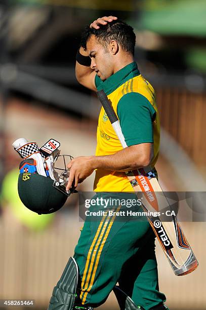 Duminy of South Africa leaves the field after being dismissed by James Muirhead of Australia during the Men's International Tour Twenty20 match...