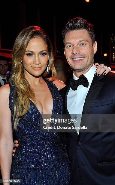 Singer Jennifer Lopez, wearing Gucci, and TV personality Ryan Seacrest attend the 2014 LACMA Art + Film Gala honoring Barbara Kruger and Quentin...