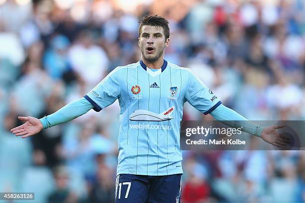 Terry Antonis of Sydney FC reacts after a missed shot on goal during the round four A-League match between Sydney FC and the Central Coast Mariners...