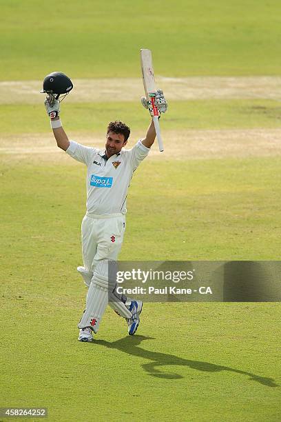 Ed Cowan of Tasmania celebrates his century during day three of the Sheffield Shield match between Western Australia and Tasmania at WACA on November...