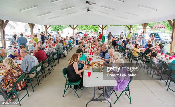 pitch in dinner at the picnic shelter - small town community stock pictures, royalty-free photos & images