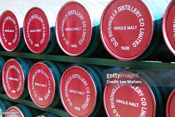 barrels at the old bushmills distillery - bushmills stock pictures, royalty-free photos & images