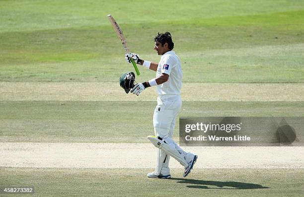 Misbah-ul-Haq, Pakistan Captain celebrates equalling the fastest ever test century during Day Four of the Second Test between Pakistan and Australia...