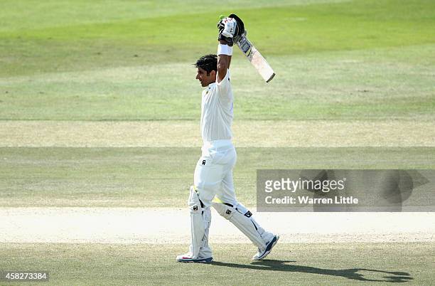 Misbah-ul-Haq, Pakistan Captain celebrates equalling the fastest ever test century during Day Four of the Second Test between Pakistan and Australia...