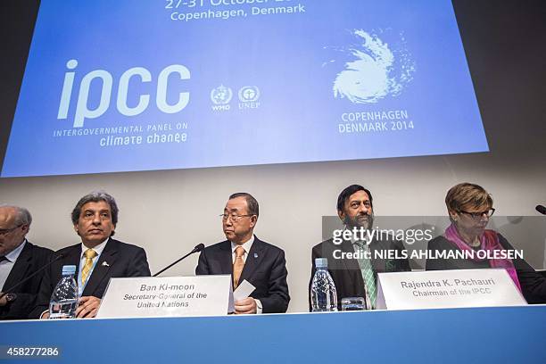 Peruvian Environment minister Manuel Pulgar-Vidal, UN Secretary General Ban Ki-moon, Intergovernmental Panel on Climate Change Chairman Rajendra...