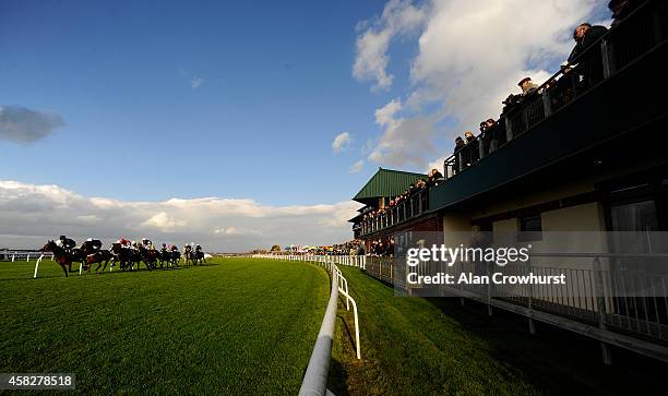 Large crowd watch the action as the runners pass at Carlisle racecourse on November 02, 2014 in Carlisle, England.