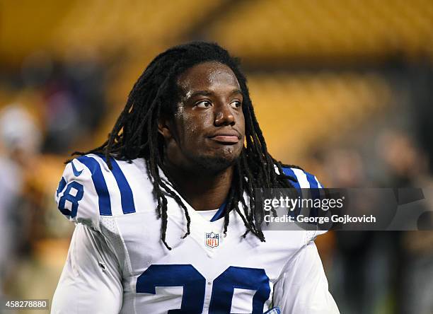 Safety Sergio Brown of the Indianapolis Colts looks on from the field after a game against the Pittsburgh Steelers at Heinz Field on October 26, 2014...
