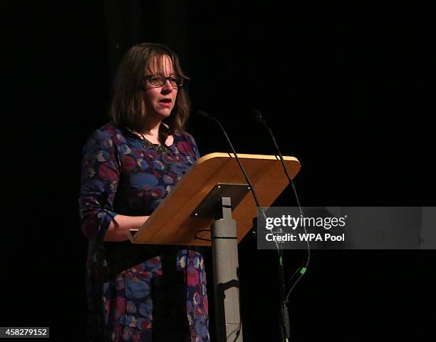 Rosalind Hodgkiss, the mother of Alice Gross, speaks during a public memorial service in memory of murdered schoolgirl Alice Gross held at Greenford...