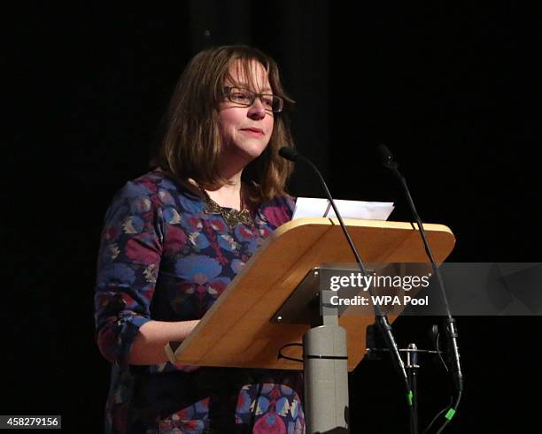 Rosalind Hodgkiss, the mother of Alice Gross, speaks during a public memorial service in memory of murdered schoolgirl Alice Gross held at Greenford...