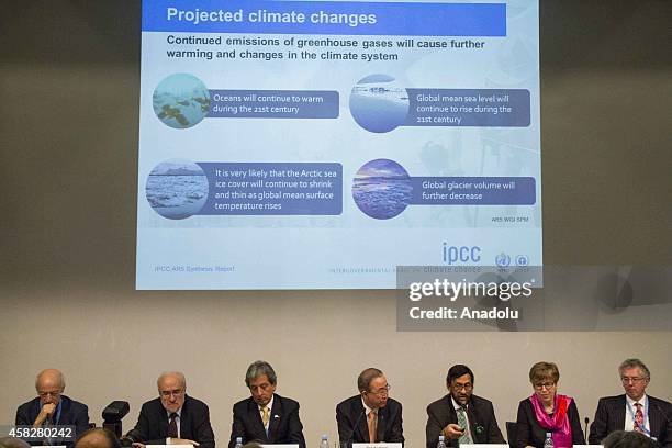 Leo Meyer, head of the IPCC Synthesis Report Technical Support Unit, Michel Jarraud, Secretary-General of the World Meteorological Organization,...