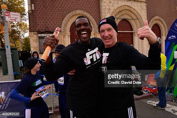 Legends Chris Mullin and Albert King poses for a quick photo in the 2014 NBA All-Star Relay during the TCS NYC Marathon on November 2, 2014 in New...