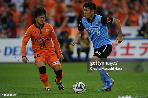 Takanobu Komiyama of Kawasaki Frontale in action during the J.League match between Kawasaki Frontale and Shimzu S-Pulse at Todoroki Stadium on...