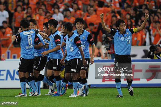 Kawasaki Frontale players celebrate the first goal during the J.League match between Kawasaki Frontale and Shimzu S-Pulse at Todoroki Stadium on...