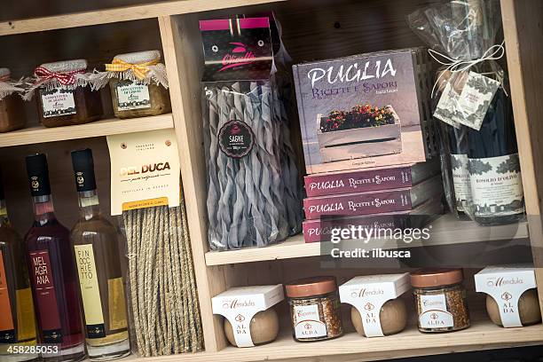 typical products from lecce and salento region in store window - salento apulia stock pictures, royalty-free photos & images