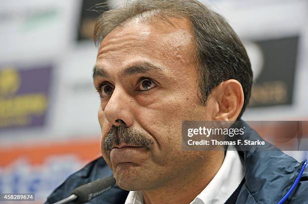 Head coach Jos Luhukay of Berlin looks dejected at the press conference after losing the Bundesliga match between SC Paderborn and Hertha BSC at...